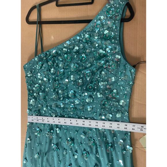 ADRIANNA PAPELL DRESS 14 GREEN SEQUIN 3D FLORAL LONG FORMAL ONE SHOULDER BLING - Picture 15 of 16